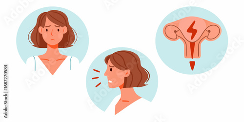 Illustration of a woman experiencing pain and distress related to reproductive health issues and uterine discomfort