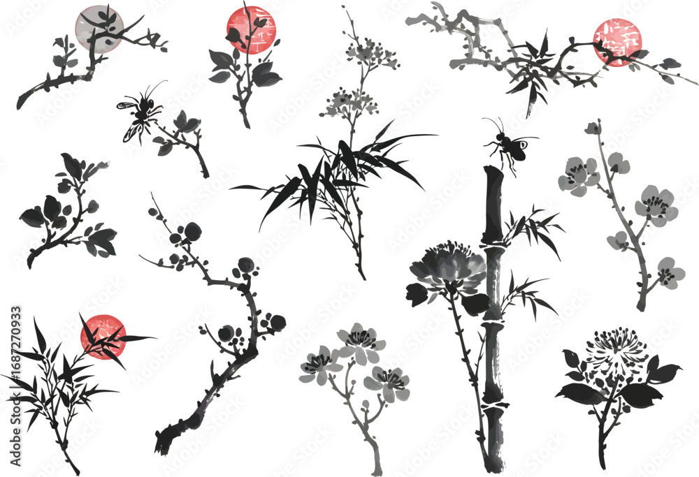 Naklejka premium Elegant collection of traditional chinese ink wash paintings featuring delicate blossoms bamboo and floral sprigs