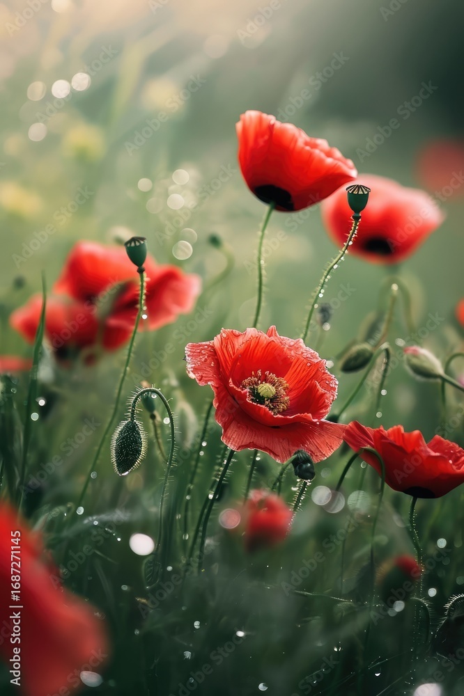 Fototapeta premium Vibrant red poppies adorned with dewdrops.