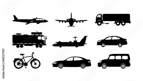 Silhouette transportation vehicle set featuring car truck airplane bicycle van and other transportations vector