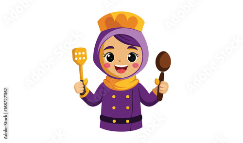Cartoon muslim chef woman wearing hijab holding cooking utensils