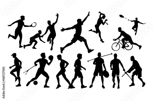 Silhouette sports activity featuring tennis basketball cycling running and various other athletic pursuits