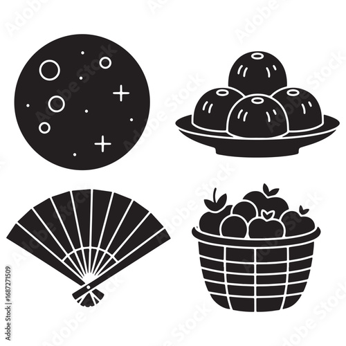 Festive Asian Mid-Autumn festival symbols: a starry full moon, traditional mooncakes on a plate, an elegant fan, and a bountiful fruit basket.