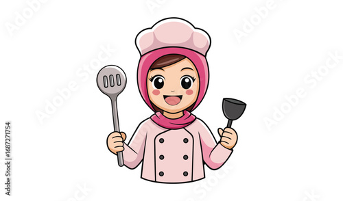 Happy muslim chef woman in hijab holding cooking utensils