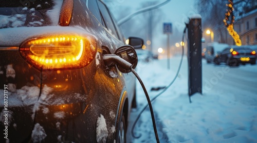 Electric car charging on a snowy winter evening.