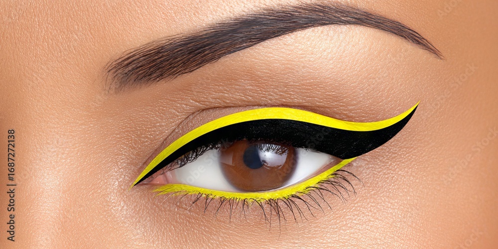 Obraz premium Close-up of a woman's eye showcasing bold yellow and black eyeliner design, highlighting artistic makeup application and enhancing beauty features in a striking visual display