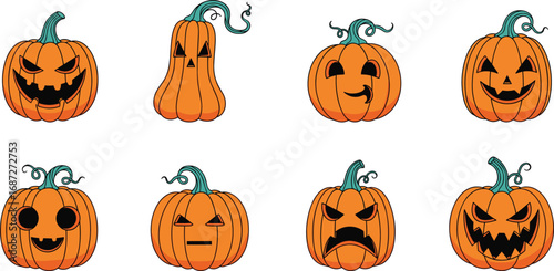 Halloween pumpkin illustration, cartoon jack-o'-lantern faces, spooky expressions, festive icons, carved pumpkins, cad drawing vector art, seasonal design