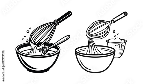 Hand drawn illustration of whisking ingredients in bowls for baking or cooking
