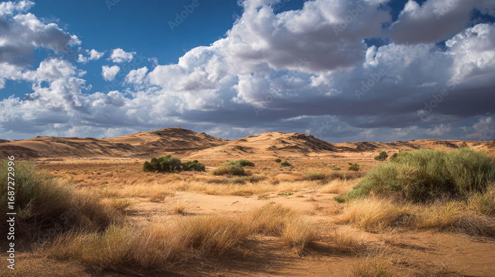 Fototapeta premium Expansive desert landscape under a dramatic sky filled with cumulus clouds formation