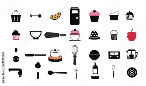 Collection of baking and cooking utensils and ingredients