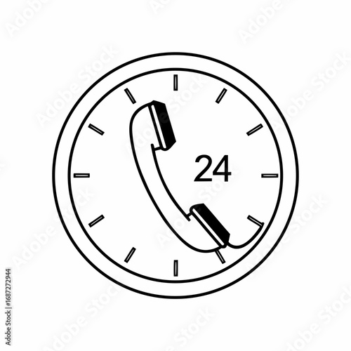 Outline clock face showing twenty four with telephone handset inside indicating service available