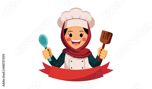 Happy muslim woman chef holding kitchen utensils with red ribbon banner