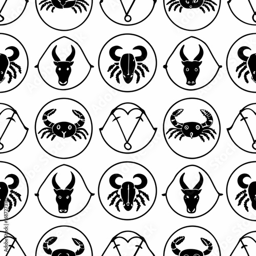 Seamless pattern of astrological zodiac signs in black and white repeating across the entire frame
