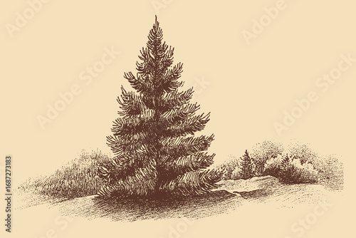 Christmas Tree illustration in a vintage style. This vector illustration can be used in any size you like for advertising, logos, and other work.