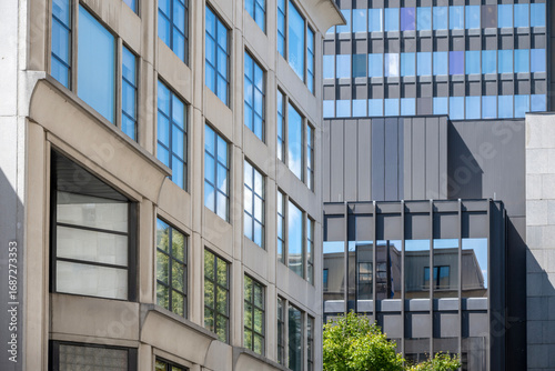 Close-up view of a group of modern buildings located in Old Montreal