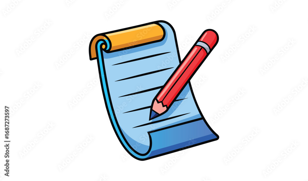 Cartoon notepad with a red pencil writing on lined paper