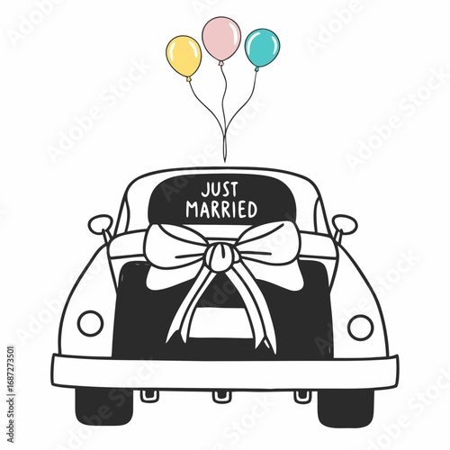 Illustration of a just married car with a bow and balloons in a cartoon style drawing design