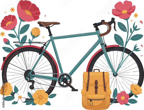 Colorful Bicycle Parts with Flowers and Backpack Vector Design White Background