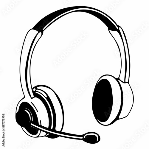 Illustration of a black and white headset with a microphone extending from the left earcup design style
