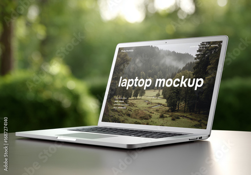Green nature background laptop setting screen mockup