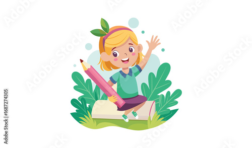 Happy young girl drawing and writing with a large pink pencil