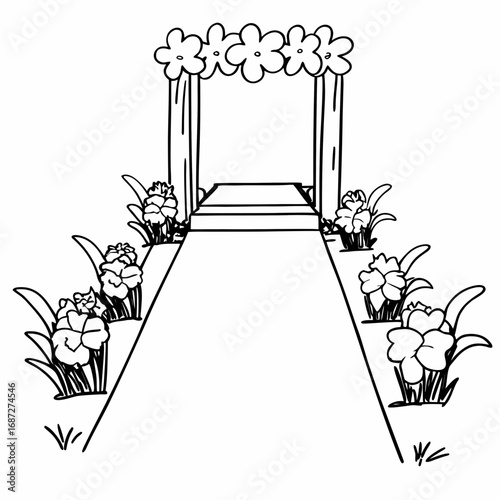 Illustration of a wedding aisle with floral archway and flower arrangements along the walkway design