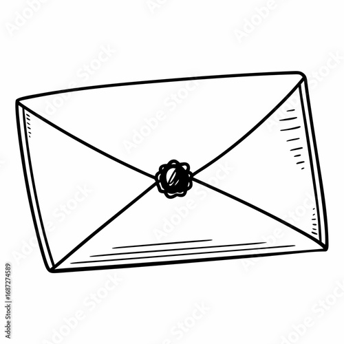 A hand drawn illustration of a sealed envelope with a decorative seal in black and white outline style