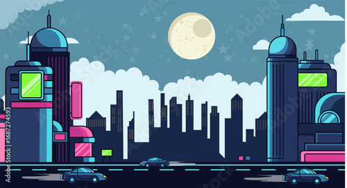 Night Cityscape with Futuristic Buildings and Cars