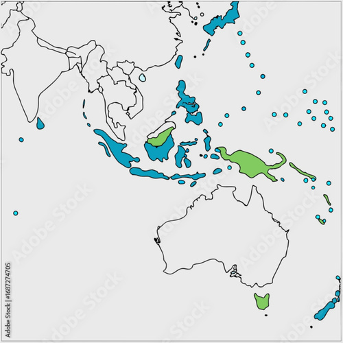 Minimilist map depicting southeast asia and australia with blue and green colored islands and surrounding ocean vector