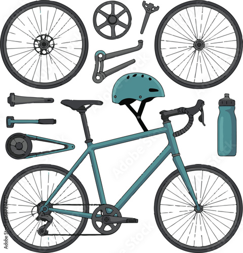 Bicycle Parts Arranged with Helmet and Water Bottle Vector Isolated on White Background