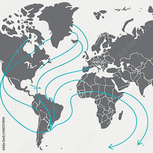 Minimilist world map showing trade routes with curved teal arrows connecting continents and countries visually depicted vector