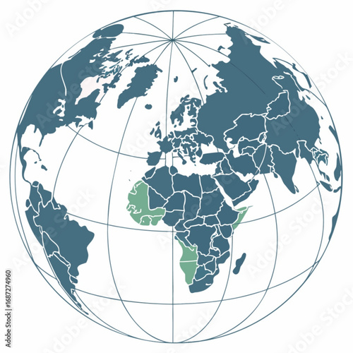 Minimilist world globe projection showing continents and countries with highlighted regions in west and south africa vector