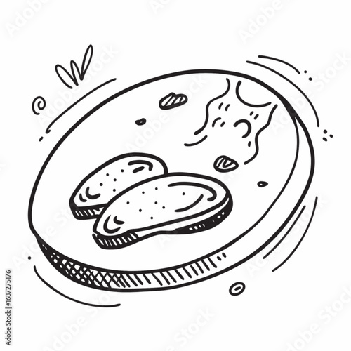 Minimilist hand drawn illustration of two breaded cutlets on a plate with garnish and decorative swirls around it vector