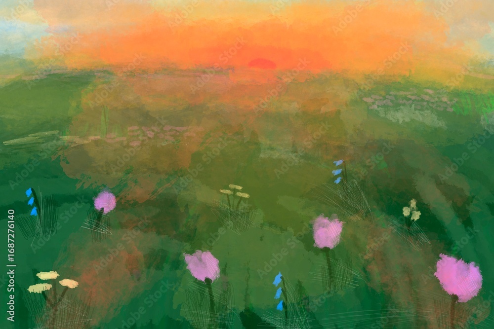 Fototapeta premium Dreamy spring meadow with blooming flowers and gentle light