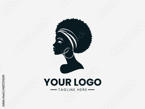 African woman silhouette vector logo with natural afro hairstyle headwrap and earrings