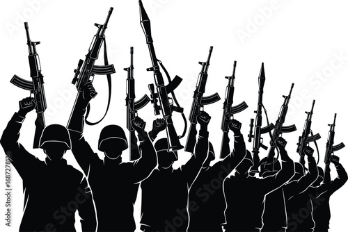 Group of soldiers holding rifles and rocket launchers raised high, military team silhouette, armed forces, army soldiers vector illustration