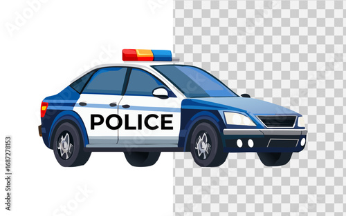 Emergency police patrol vehicle illustration. Law enforcement transport with flashing lights on a transparent background