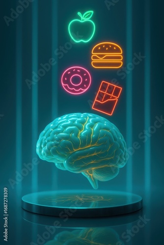 Glowing brain model with neon food craving icons in medical visualization