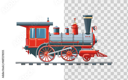 Vintage red steam locomotive train on railway tracks, vector illustration. Old retro transport graphic design element