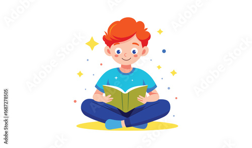 Young boy with red hair happily reading a book cross legged