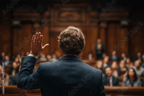 Man in suit raises hand addressing large audience in wood paneled room