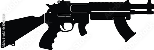 Silhouette of modern assault rifle with curved magazine, tactical grip, stock, and barrel detailed, isolated on white background vector design