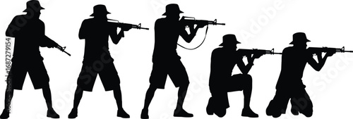 Silhouettes of Armed Men in Multiple Shooting Positions with Rifles for Military, Tactical, Combat, and Security Training Concepts