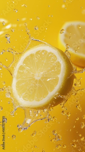 Sliced lemon splashing in vibrant yellow liquid
