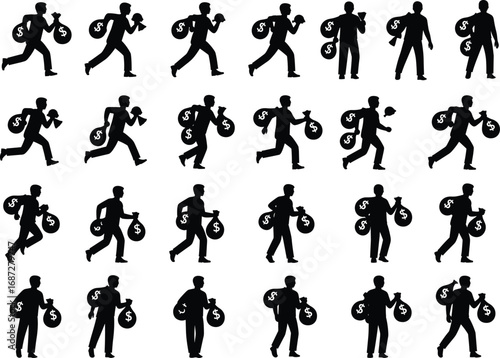 Silhouettes of Thieves Running and Walking with Money Bags in Multiple Poses for Crime, Robbery, Finance, and Security Concepts