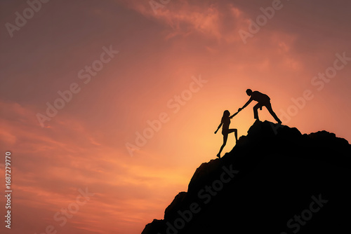 Wallpaper Mural Silhouette of partnership and teamwork on a mountain peak against sunset Torontodigital.ca