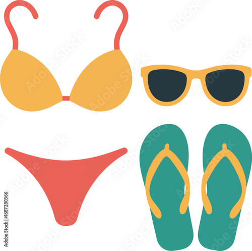 Summer Bikini Icon with Sunglasses and Flip Flops Vector Isolated on White Background