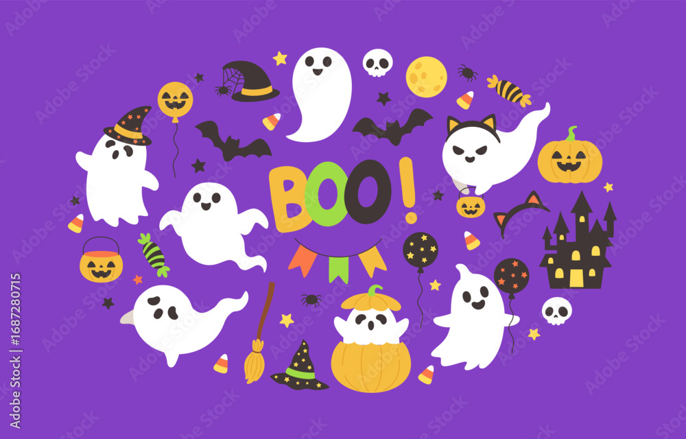 Naklejka premium flat design of Halloween Ghost Elements Set with Boo Text Pumpkin Bat and Spooky Castle Vector for background, banner and flyer