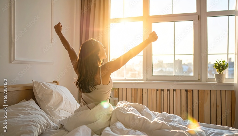 custom made wallpaper toronto digitalYoung brunette woman waking up in bed, stretching happily in morning sunlight from large window, cozy apartment lifestyle, fresh and positive start to day.