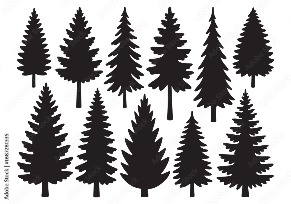 Fototapeta premium Collection of silhouette pine trees for winter landscape design and seasonal decor white background
